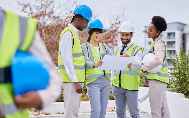 architecture-collaboration-blueprint-with-designer-team-working-together-outdoor-construction-site-building-design-meeting-with-engineer-employee-group-planning-together-